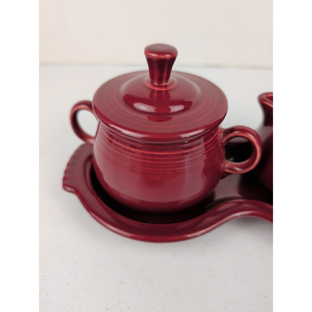 Fiestaware Claret Burgundy Creamer And Sugar with Underplate Retired 4 Piece Set - Picture 3 of 6
